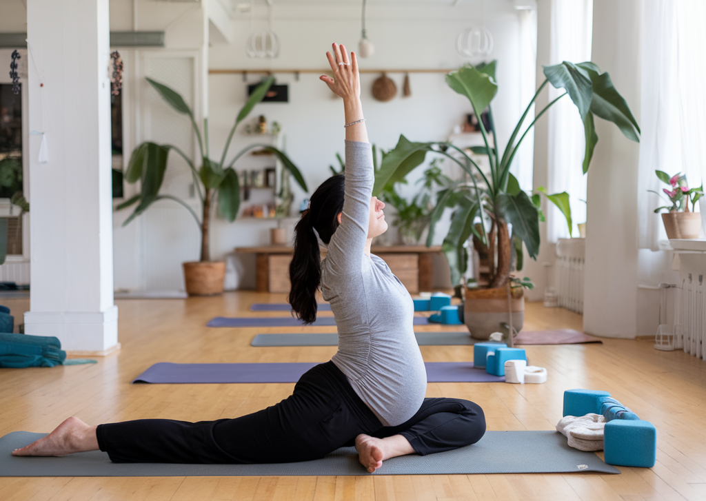 Ein schwangere Frau macht Yoga in einem Yogastudio in Stuttgart-West