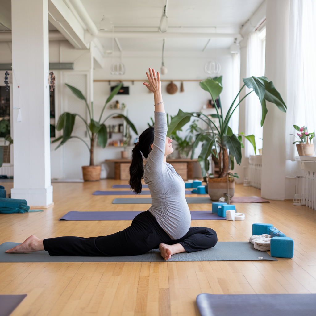 Ein schwangere Frau macht Yoga in einem Yogastudio in Stuttgart-West