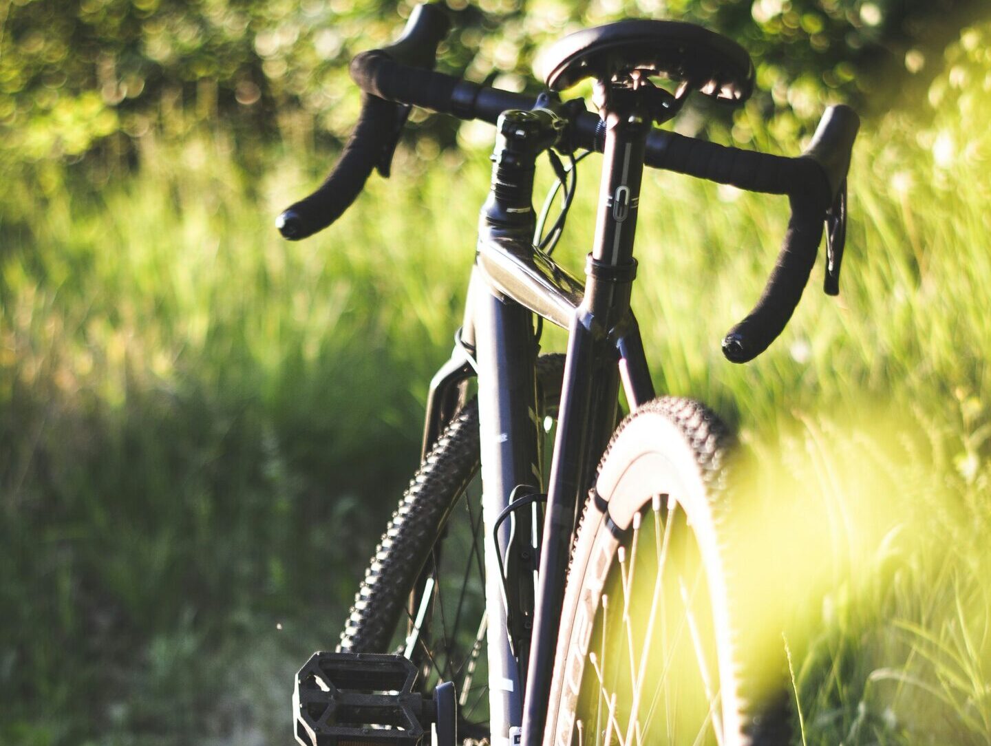 Gravelbike auf einem Feld im Sonnenlicht.